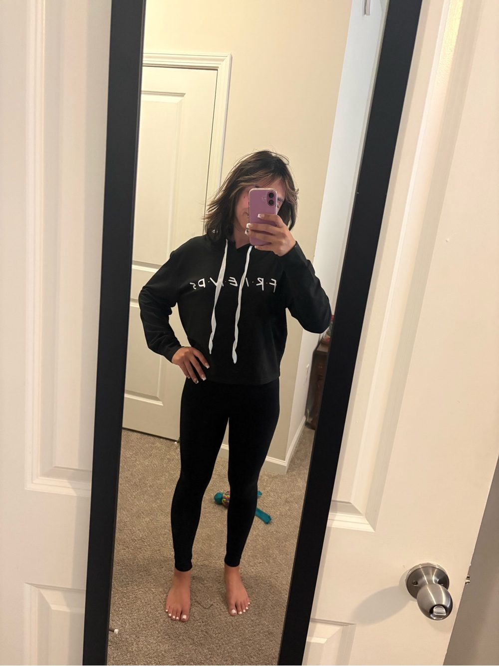 Black Cropped Friends Hoodie with White Drawstrings